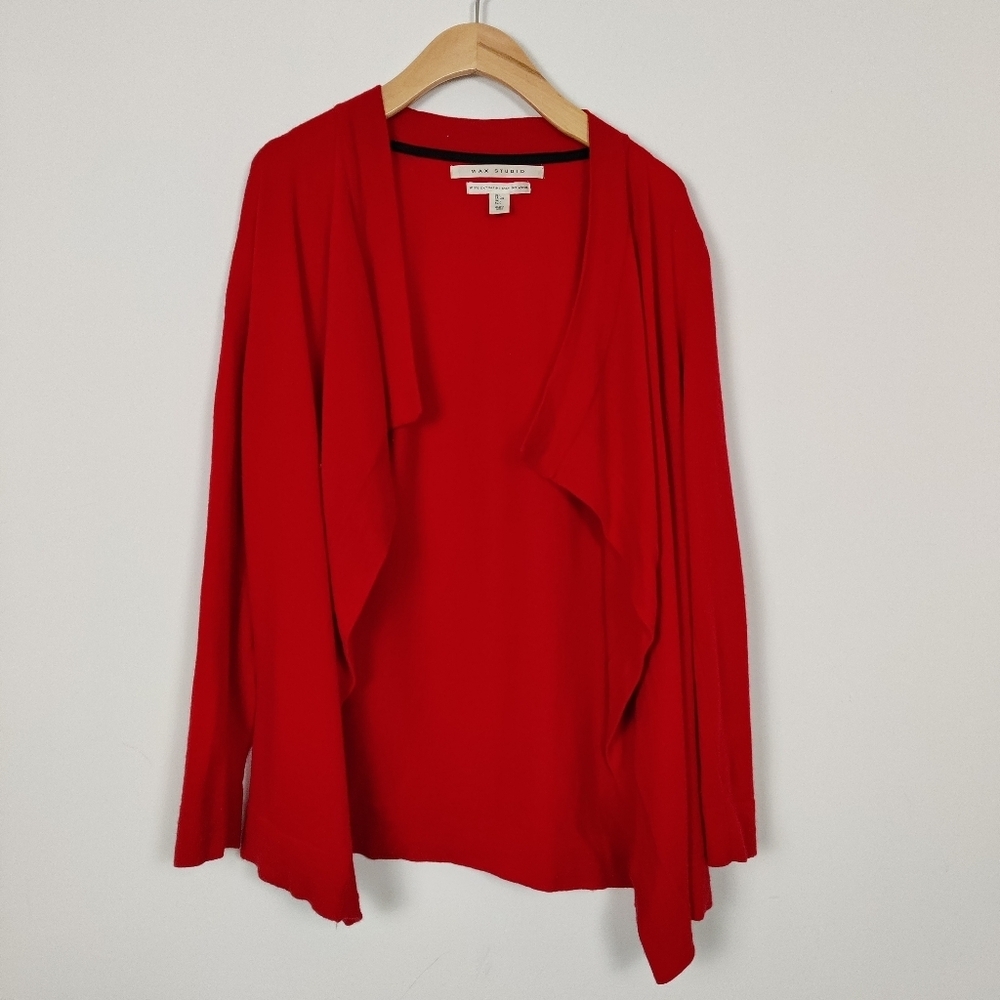 Max Studio Women's Open Front Red Cardigan Large 100% Merino Wool Quiet Luxury
